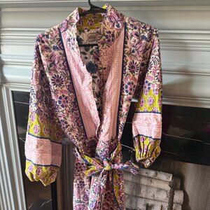 Sue Sartor Flounce Mini Dress in pink, purple and green block print